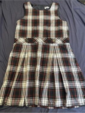 Lands' End Black, White & Red Plaid Pleated Jumper Dress